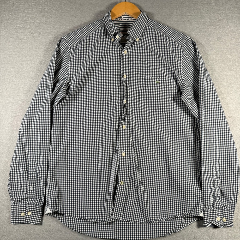 Lacoste Mens Modern Fit Gingham Check Button Down Shirt Navy White Size 40 F5182